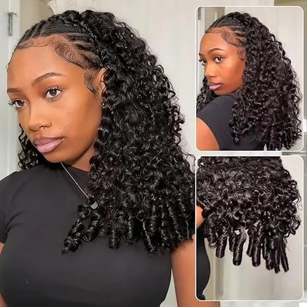 [3 In 1 Half Wig] Burmese Curly Half Wigs Human Hair Glueless colored Wig For Black Women 180% Density With Drawstring Ponytail No Lace Seamless Flip Over  Headband Wig Beginner Friendly