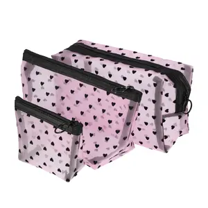 CHEIBEAR 3pcs Heart Shape Print Mesh Makeup Bag Zipper Clear Travel Pouch Organizer Pink