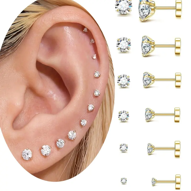 Earrings Set, Stainless Steel Cubic Zirconia Ear Bone Studs, 20G Ear Cartilage Piercing Earrings, Body Piercing Jewelry, Fashion Accessories for Women & Men, Earbone Studs, Chic Body Jewelry, Ear Piercings