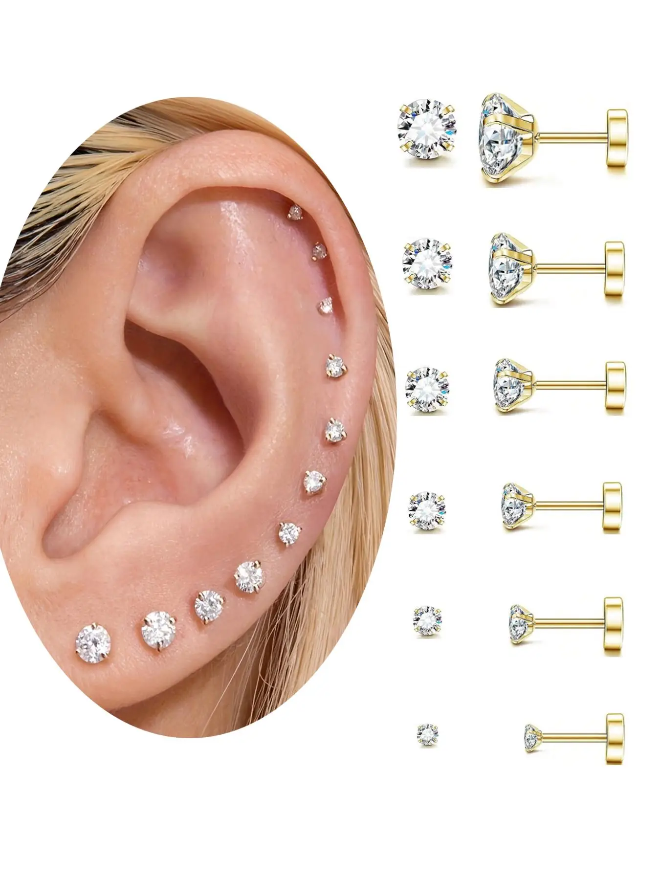 Earrings Set, Stainless Steel Cubic Zirconia Ear Bone Studs, 20G Ear Cartilage Piercing Earrings, Body Piercing Jewelry, Fashion Accessories for Women