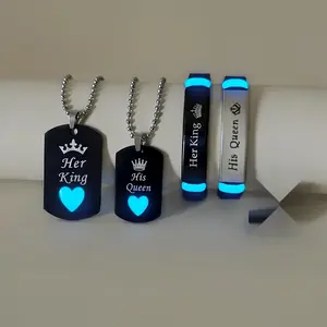 4-Piece Set Luminous Heart Crown He is Her King She is His Queen Stainless Steel Couple Necklaces Bracelets Women's Fashion Love Promise Gift Jewelry