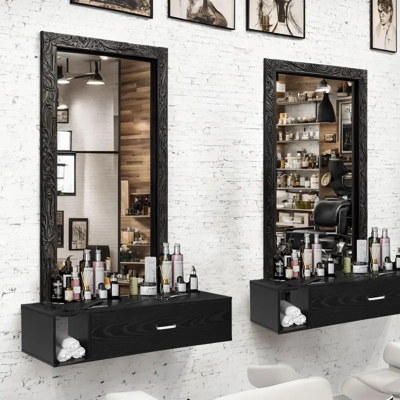 HOMBCK Sturdy Wood Wall-Mount Salon Equipment Storage Cabinet - 14.56''x28.7'' Drawer, Side Open Space, 3 Dryer-Ready Slots, 36'' Wide Tabletop, Assembly Required, Black Commercial Beauty Salon Furniture