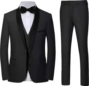Classic Black Suit Tuxedo Set - 3-Piece Jacket Vest & Pants - Polyester Material - Formal Wear for Men - Adjustable Waistband - Comfortable & Durable