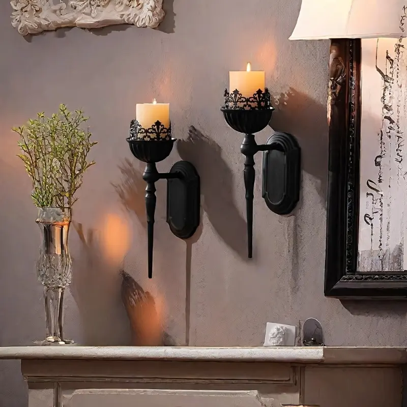 2 Black Metal Vintage Candlesticks - Crown & Scepter Design, Wall-Mounted Home Decor Statue, Ideal for Living Room, Christmas, Valentine's Day Gifts