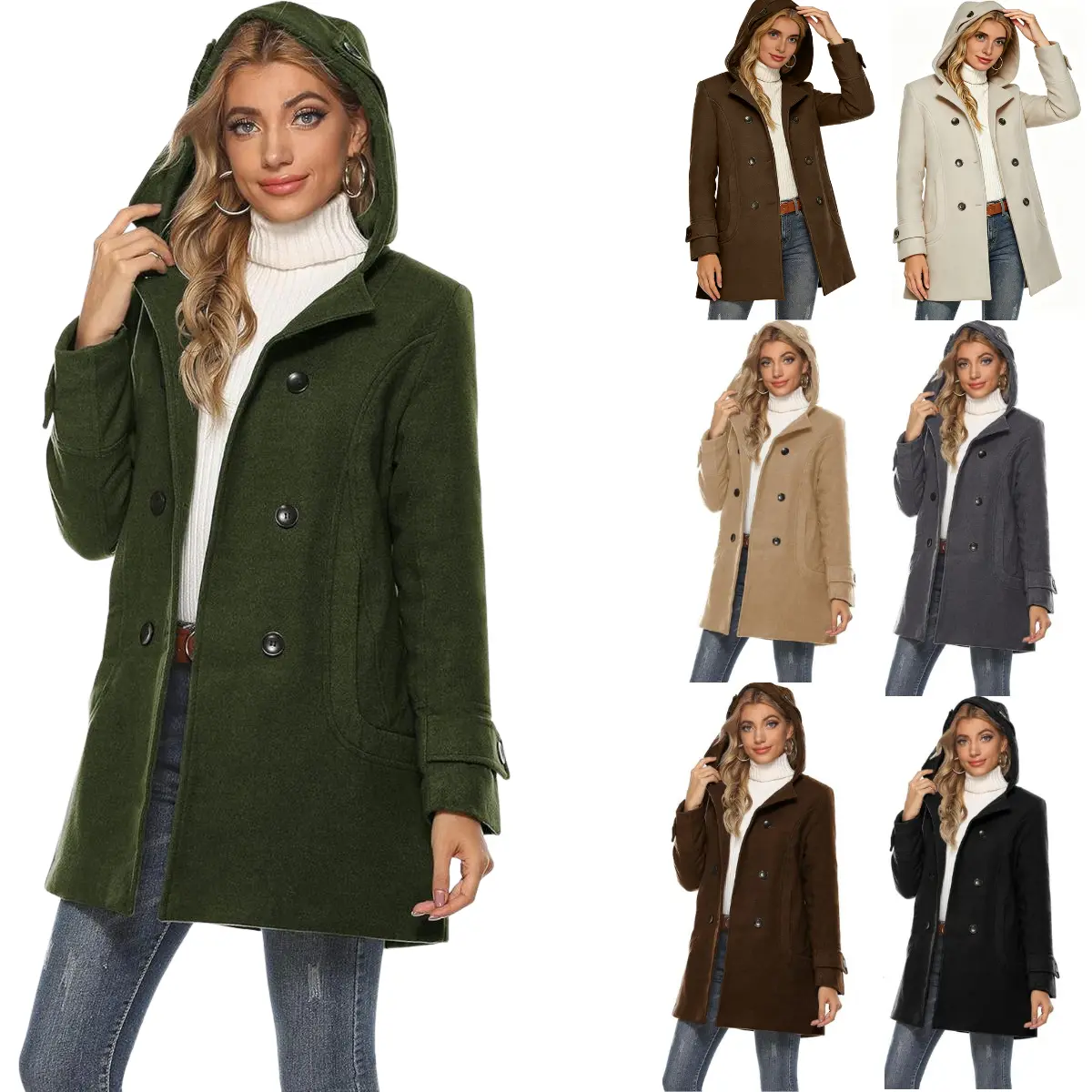 Yeokou Women's Hooded Pea Coat, Casual Double-Breasted Wool Blend Outerwear Jacket with Long Sleeves and Pockets