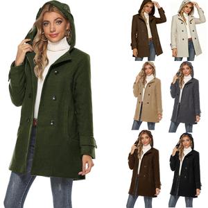 Yeokou Women's Warm Double-Breasted Wool Pea Coat Outerwear - Long Sleeve, High Neck, Hooded, Minimalist Basic Casual Clothes