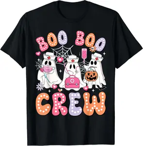 Cotton Boo Boo Crew Nurse Funny Ghost Halloween Nurse Life Women T-Shirt Short Sleeve Crew Neck Top for Summer, Casual Streetwear, Halloween Gift Womenswear Chic Men's Comfy