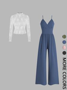 two-piece set women's solid color lettuce trim mock neck sheer lace top & pocket wide leg cami jumpsuit, elegant fashion casual two piece outfits for daily outdoor wear, women clothes for spring fall