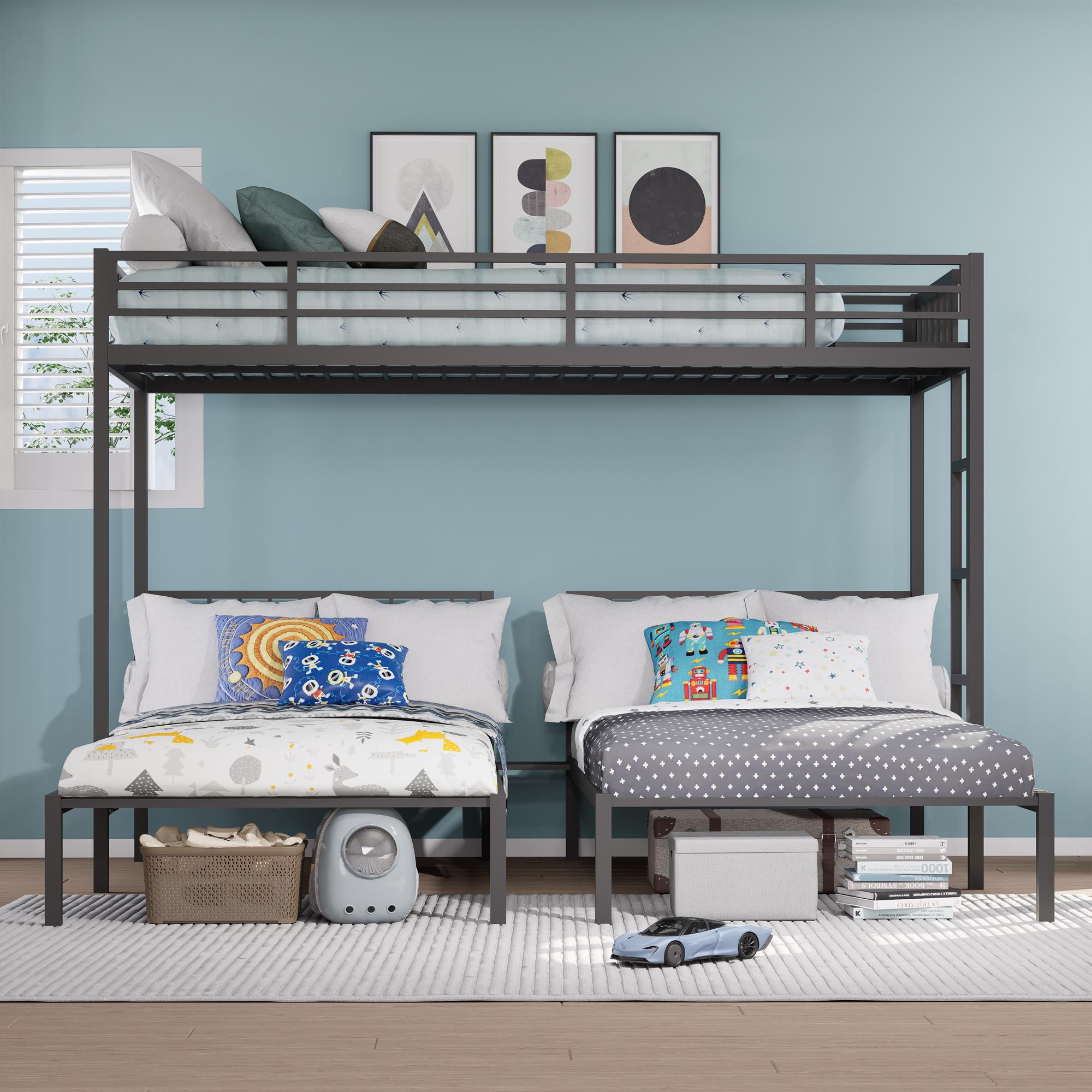 Triple Bunk Bed for Kids, Detachable Twin Over Twin Over Twin Metal Bunk Bed with Guardrails, Ladder & Storage, Converts to 3 Separate Twin Beds, Easy to Assemble (3 Bunk Beds for Kids)