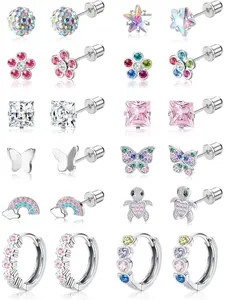 Hypoallergenic Stainless Steel Earrings for Girls Kids Women - 12 Pair Screw Back Earrings for Sensitive Ears Cute Flower Butterfly Toddler Stud Hoop Earrings Ear Studs Screwback Girl Earrings