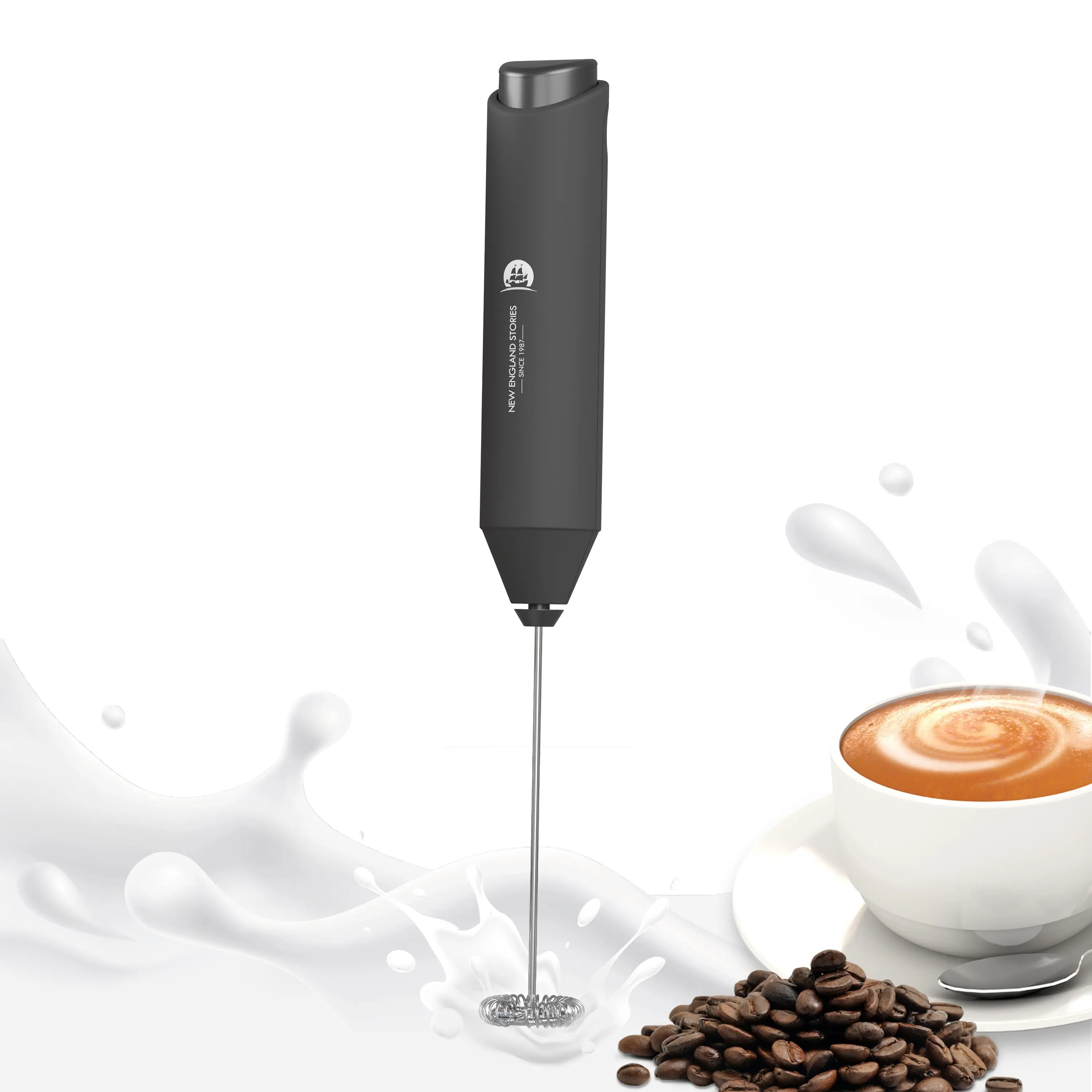 New England Stories Powerful Cordless Hand Mixer - Stainless Steel 2.9 oz Battery-Operated Coffee Milk Frother, Instant Foam Button, Manual Press-and-Go Mini Everyday Use Kitchen Tool (Black, No Stand), Easy to Clean backtoschoolshopping