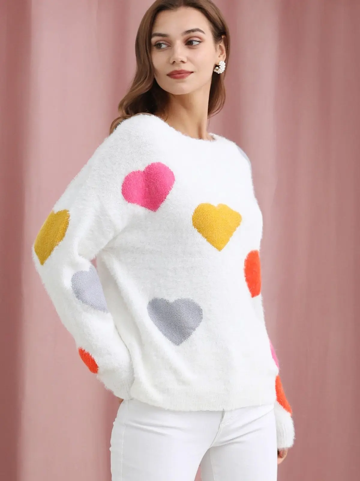 Assionate Heart Pearl Trim Knit Sweater in Red, Fuzzy Knit, Colorful Heart Pattern, Soft Touch, Cozy Stretch, Ribbed Edges, Valentine Gift, Date Night Outfit, Sweet Cute