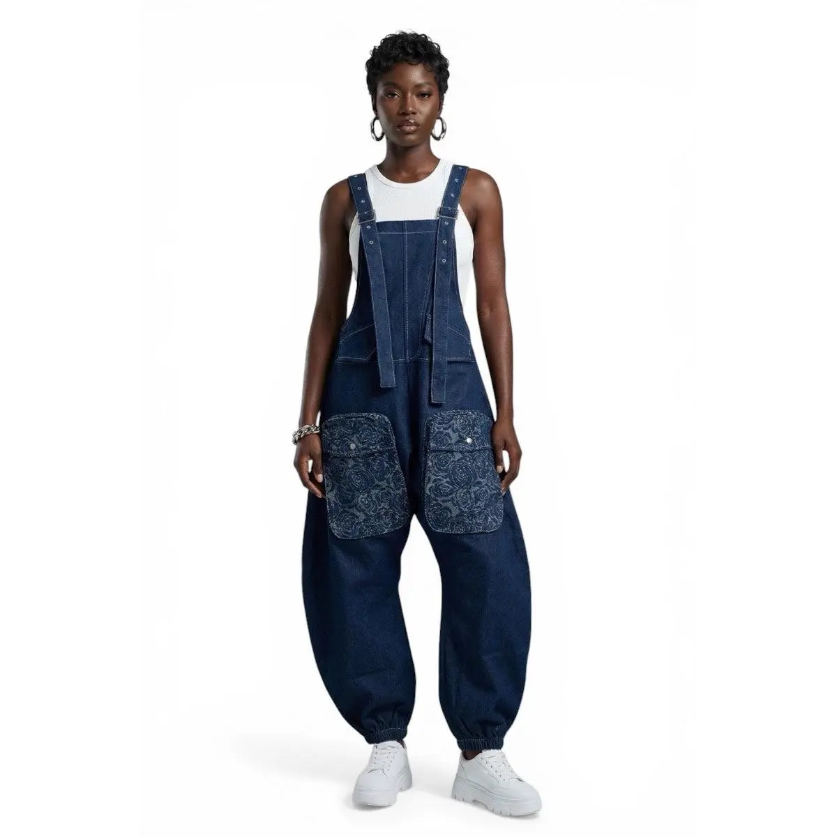 Denim Utility Cargo Overalls Jumpsuit