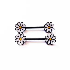 White daisy nipple rings, 14g flower nipple shield, nipple jewelry barbell