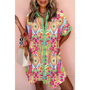Orange Geometric Print Contrast Short Sleeve Shirt Dress