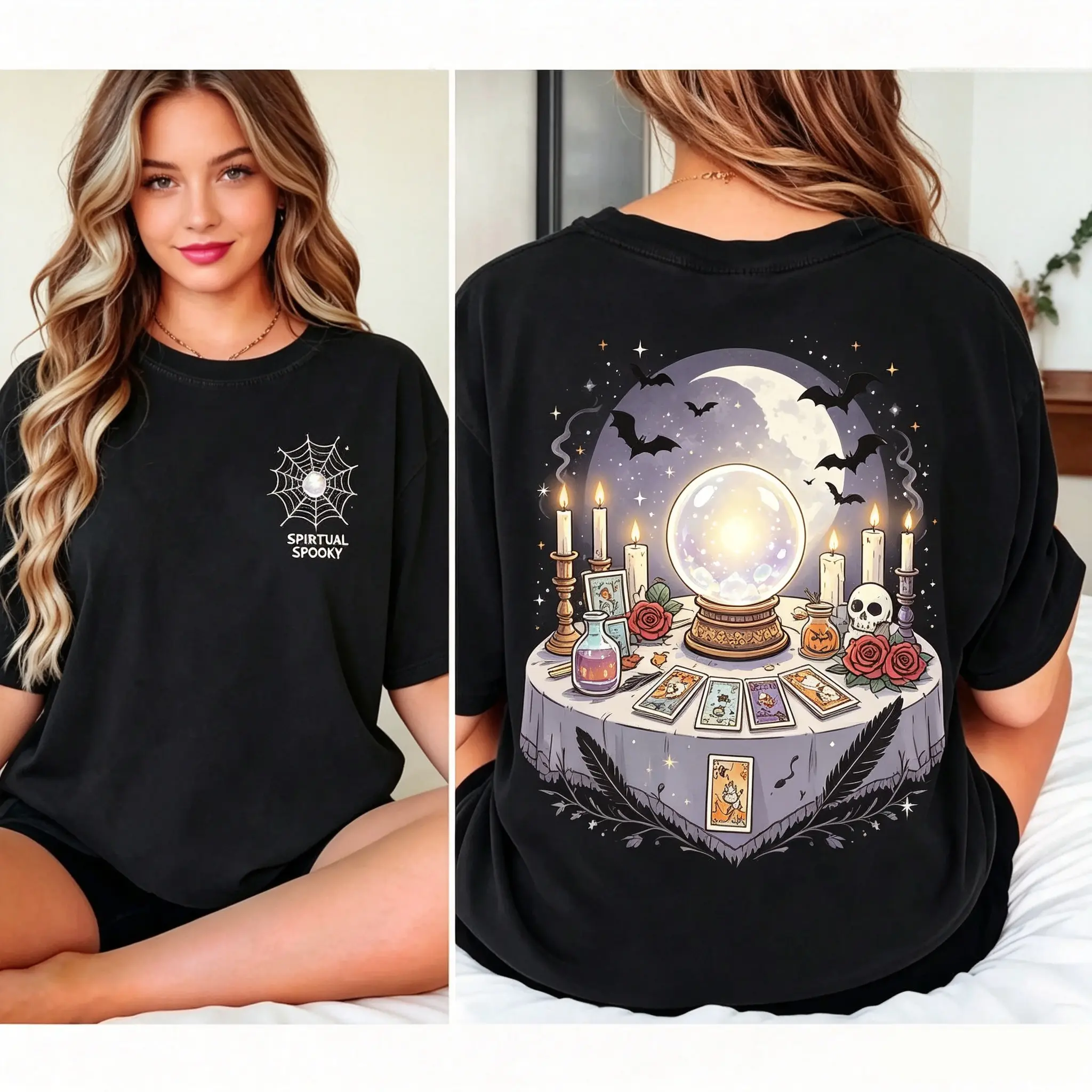 Mystic Crystal Altar Halloween Shirt, Witchy Crystal Ball Tee, Spooky Gothic Witch Altar Tee, Moon Witch Crystal Ghost Shirt, Halloween Witchy Gift For Tarot Lovers, Dark Academia Witch Tee