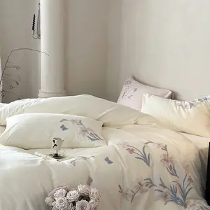 3pcs Plant Small Orchid Embroidery Bedding Set, Includes 1 Fitted Sheet and 2 Pillowcases, Soft Breathable Fabric, Breathable Duvet Set