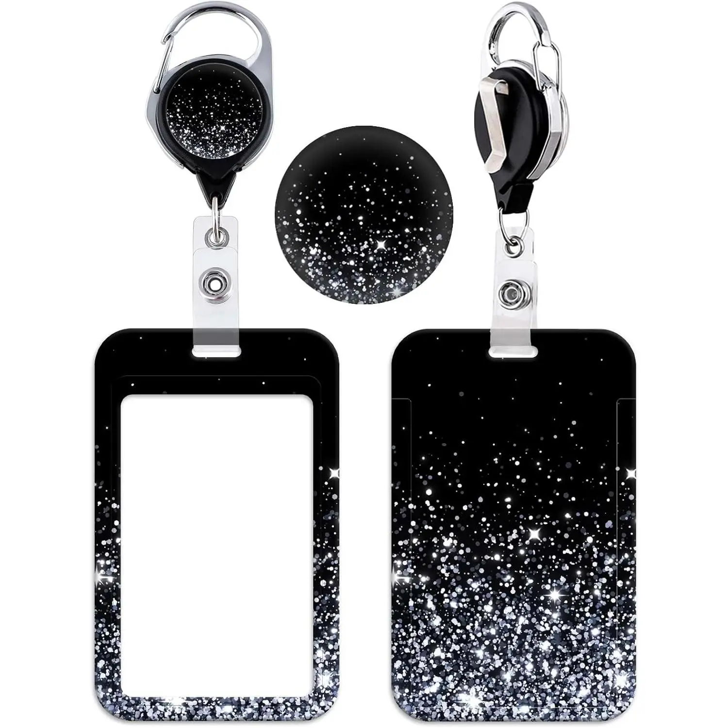 Glitter  ID Badge Holder with Retractable Reel Clip, Cool Galaxy Badge Card Keycard Protector Hard Vertical, Heavy Duty  for Name Badge Clip Office Work Nurse Student Teacher Women Men