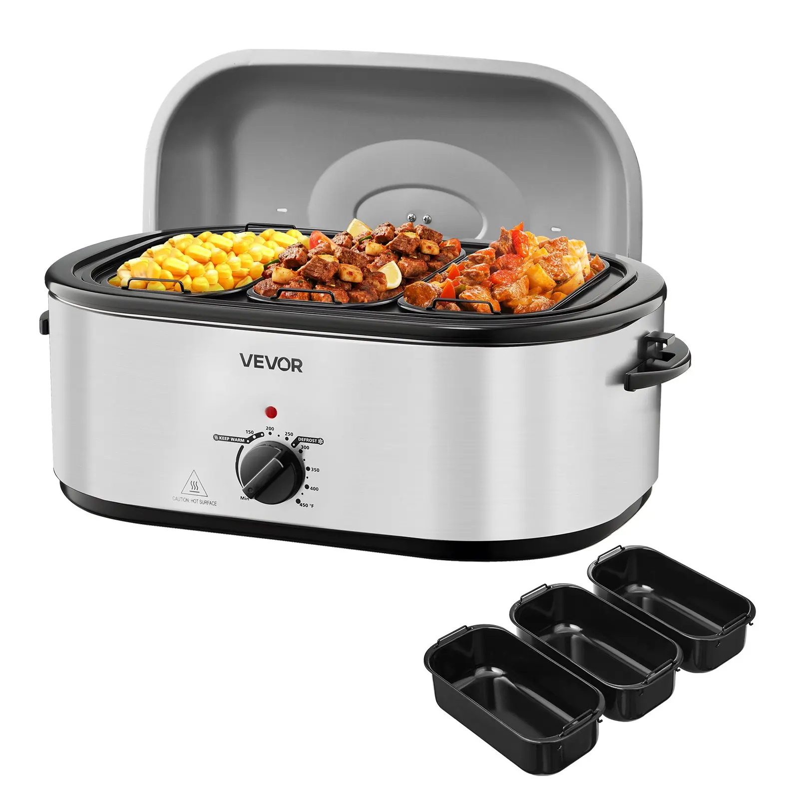 VEVOR RO2 Model Stainless Steel Electric Turkey Roaster Oven, 24QT Large Size with 150℉ to 450℉ Adjustable Temperature, 3-Bin Buffet Server, Self-Basting Lid, Defrost & Warm Functions