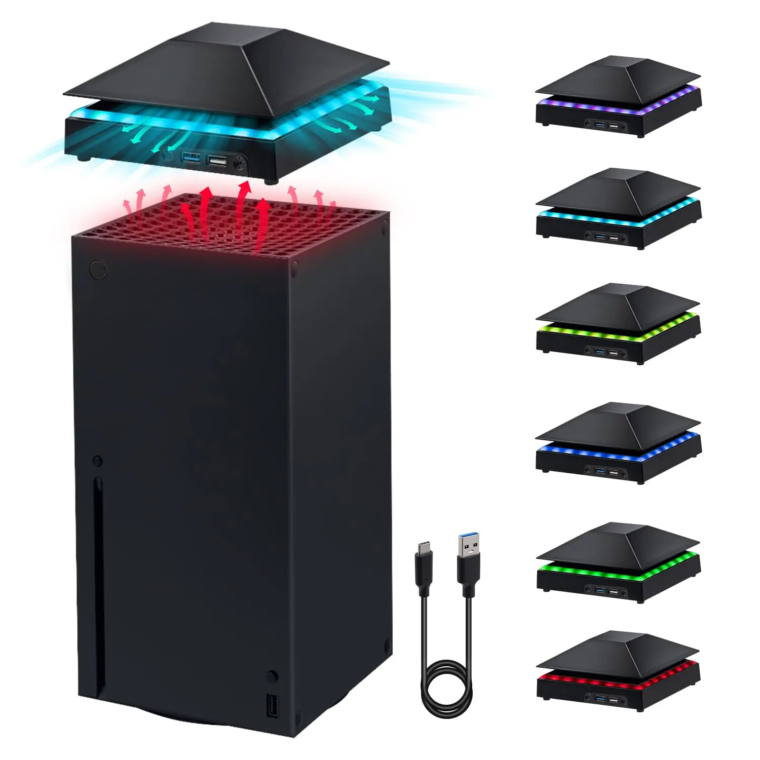 Mcbazel Upper Cooling Fan Stand for Xbox Series X - 3 Adjustable Speeds, 7-Color Ambient Lighting, Dynamic RGB LEDs, Touch Switch, 100 cm USB3.2C Cable, Heat Dissipation, Extends Console Life, Gamer Stuff, Game Room Accessories, Adjustable Cooling System,