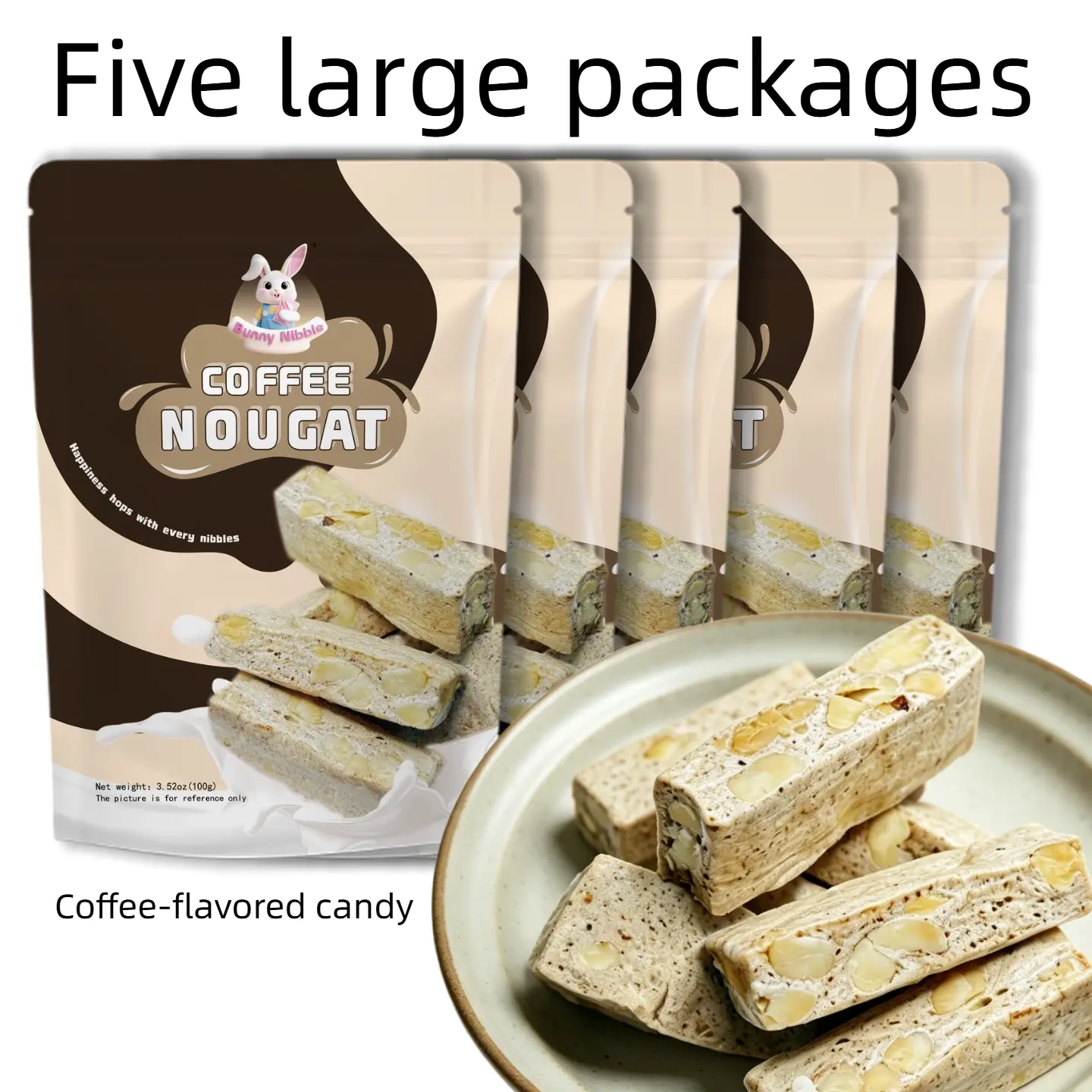 5packsCoffee Flavored Nougat Chewy Candy, Soft Milk Nut Snack, Product of China Sweet Bonbon wax lips dragon beard