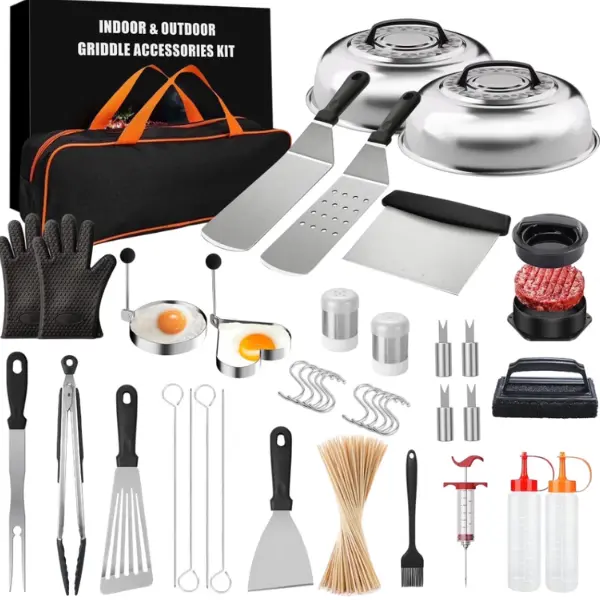 140 Piece Griddle Accessories Kit, BBQ Grill Tools Set with Spatulas, Squeeze Bottles, Tongs, Scraper and Storage Bag, Outdoor Camping Cooking Accessories