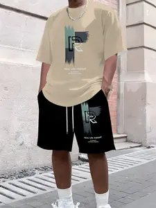Men's 3D Summer Knitted Short Sleeve T-Shirt + Shorts Set, Digital Print, Casual, Slim Fit, Pocket, Drawstring, Outdoor Sports