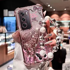 Reno12 Girl Sparkling Pink Butterfly Accessories Plating Lucky Butterfly Silver White Bead Double Color Hanging Rope Quicksand Butterfly Bracket Phone Holder Case with Impact Resistant Cover Compatible with For Oppo Reno 12