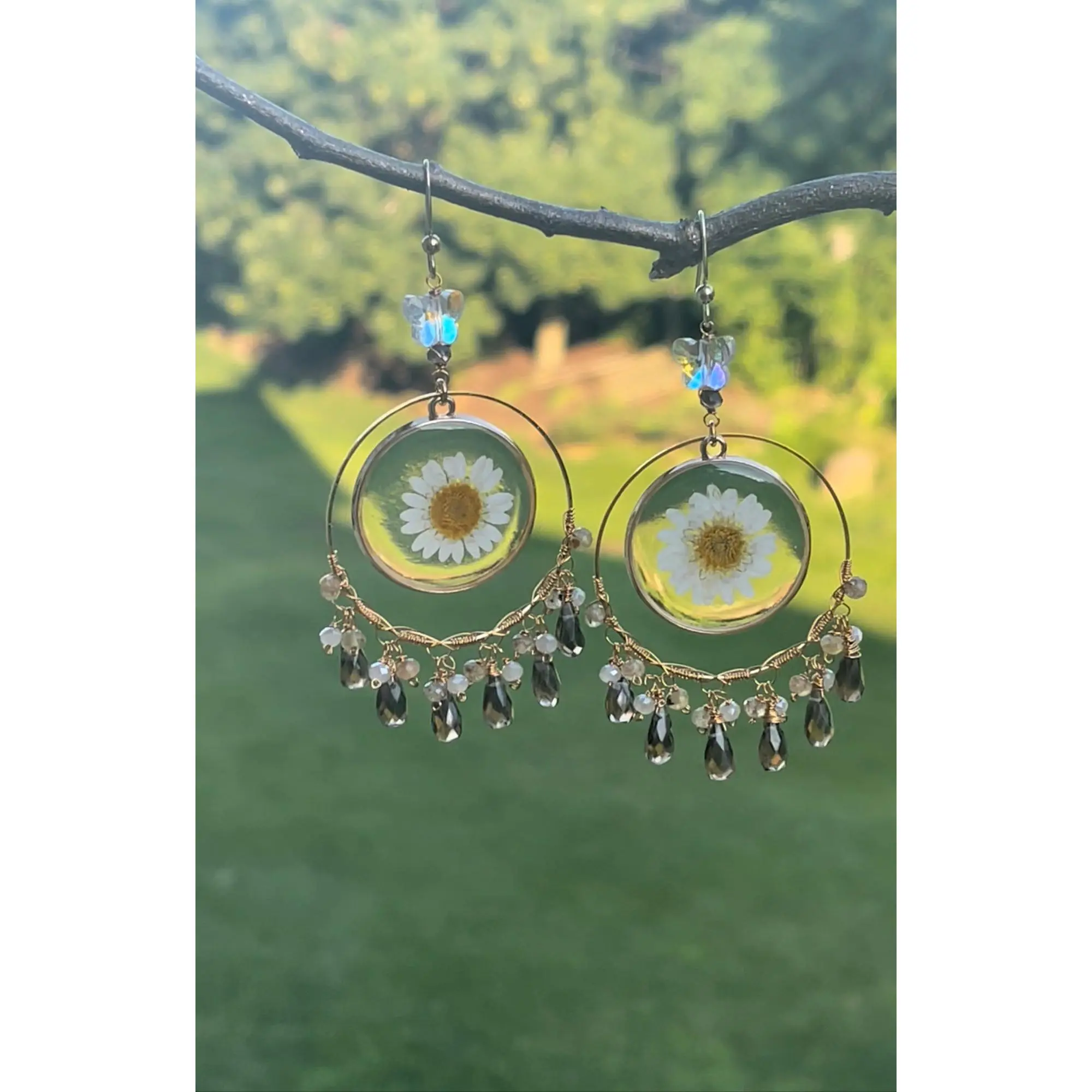 Floral Resin / Smoky Quartz Earrings