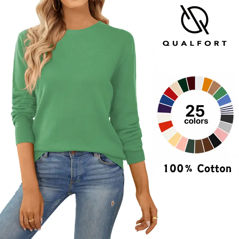 QUALFORT Women's 100% Cotton Crewneck Round Neck Knitwear - Lightweight Long Sleeve Pullover Top with Ribbed Cuffs, Machine Washable, Outdoor Use