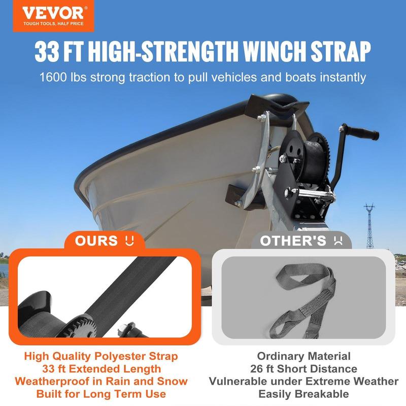 VEVOR Hand Winch, TikTokShopBlackFriday, 1600 lbs Pulling Capacity, Boat Trailer Winch Heavy Duty Rope Crank with 33 ft Polyester Strap and Two-Way Ratchet, Manual Operated Hand Crank Winch for Trailer, Boat or ATV Towing
