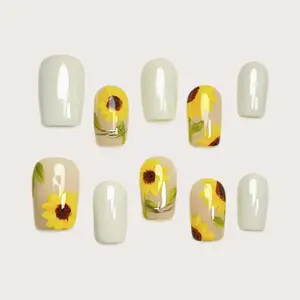 Moonovate - SUNFLOWERS 10pcs Handmade Press On Nails Square Nails REUSABLE 3D Gel Fake Nails Acrylic Press On Nails