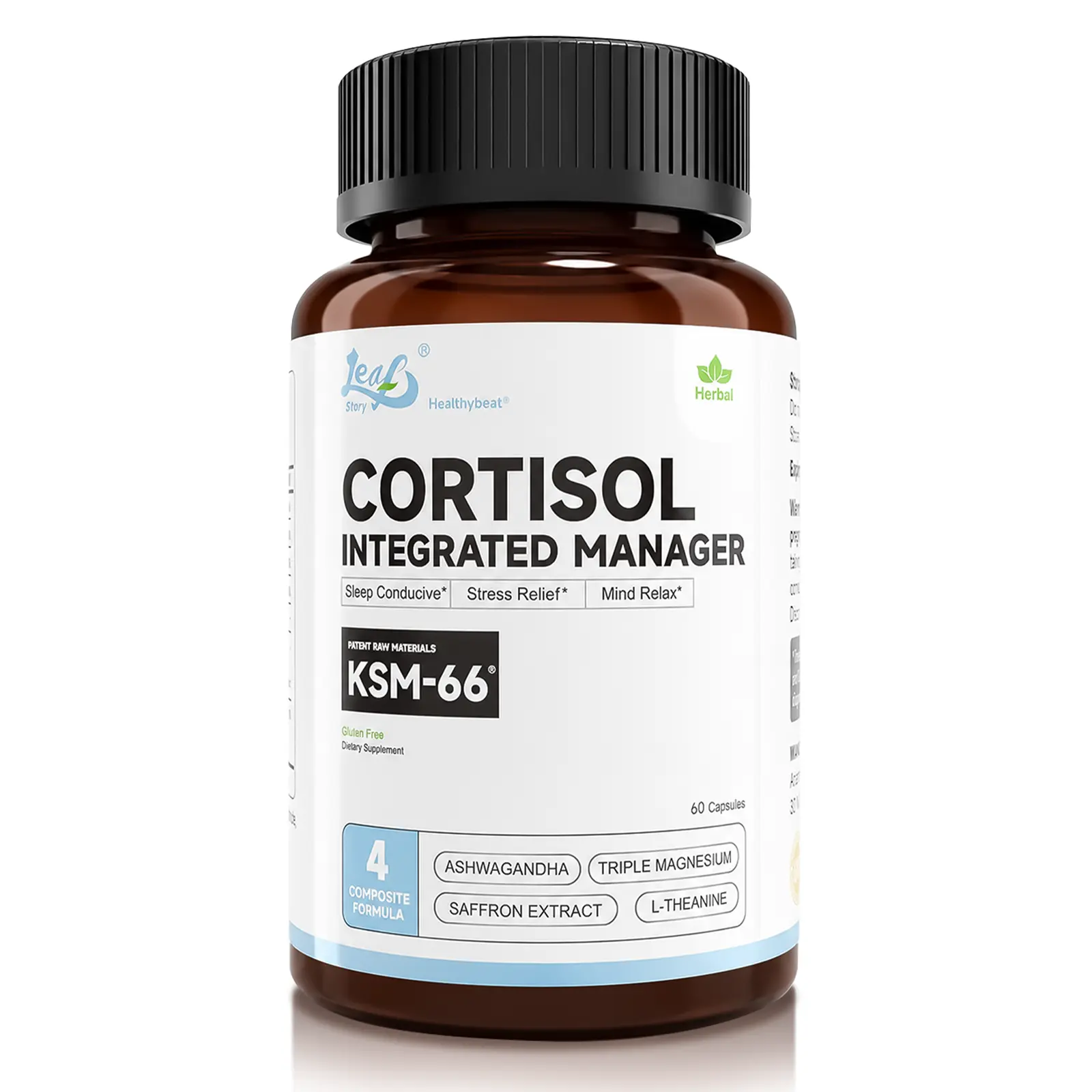 LeafStory Cortisol Supplement, 4 In 1 Cortisol Manager 60 Ct, Ksm-66 Ashwagandha Extract, Magnesium, L-Theanine & Blended Vitamin for Stress Relief, Mind Relax & Sleep Support-F