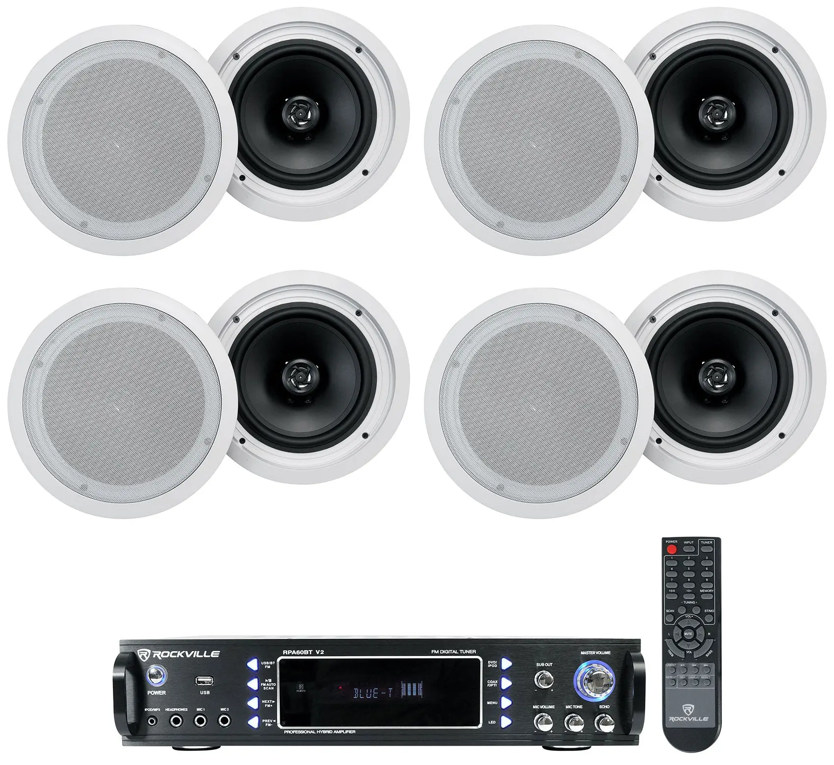 RPA60BT V2 Bluetooth Audio Amplifier + 8-Pack HC85-16 White Polypropylene USB Speakers Bundle, Coaxial, Multiple Ports, Karaoke Compatible, 30 Day Money Back Guarantee, Stereo