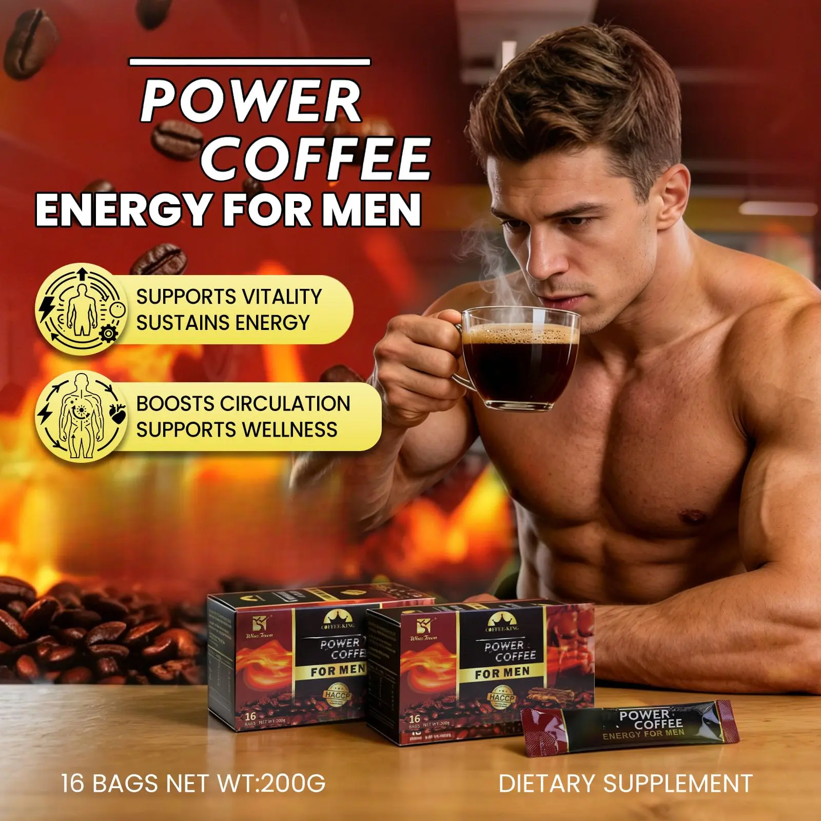 Wins Town Power Coffee for Men with Maca, Wolfberry, Oyster Peptide 16 Single-Serve Packets Ritual Confidence