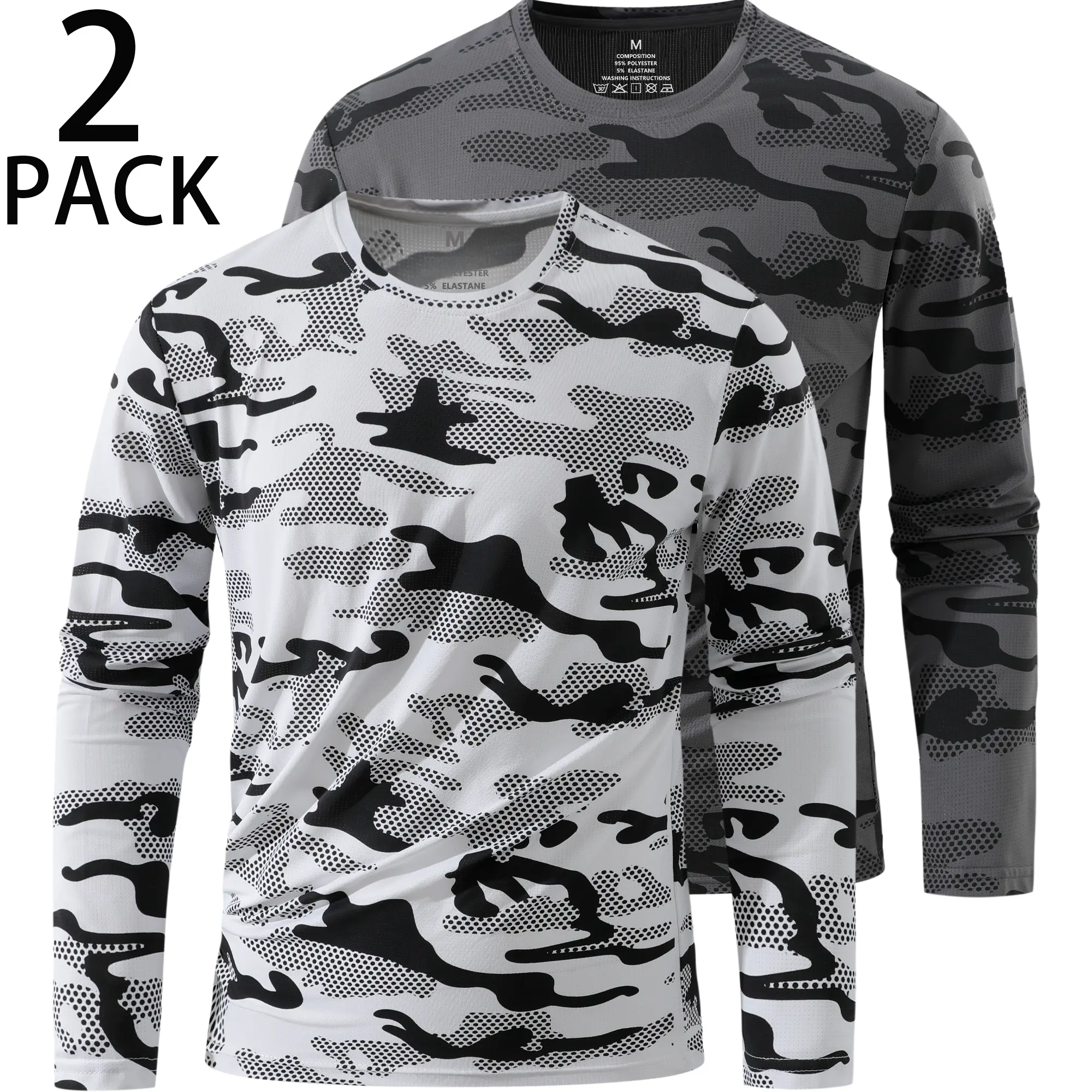 Men's 2-Pack Multicolor Dot Camo Mesh Long Sleeve T-Shirts, Breathable Quick-Dry Crew Neck Polyester Blend Base Layer for Outdoor Hiking, Multicolor Dots