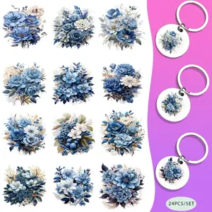 24PCS/Set Winter Flowers Watercolor  Themed UV DTF Keychain DIY Transfer Paper - Waterproof Pattern, Laptop Decoration Excellent Gift Easy To Use