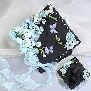Class of 2026 Blue Floral Graduation Cap Deco DIY & Finished Grad Cap Topper with 3D Butterfly Pearl & Long Ribbon | Photo Ready for Ceremony Party & Home Memorial Decor | Perfect Gift for Daughter Son Students