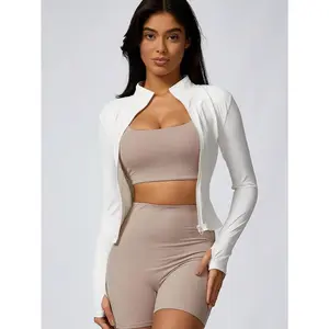 Women's Solid Color Zipper Turtleneck Sports Jacket, Long-Sleeved Sports Top, Gym Wear, Ladies' Sportswear for Indoor and Outdoo