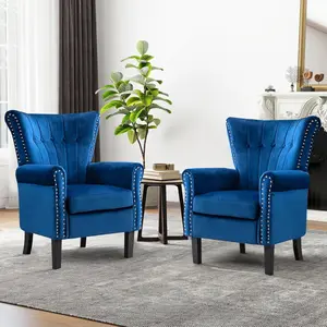 Velvet Single Accent Chair Upholstered Tufted Wingback with Nail Trimed Around for Bedroom Living Room,Blue