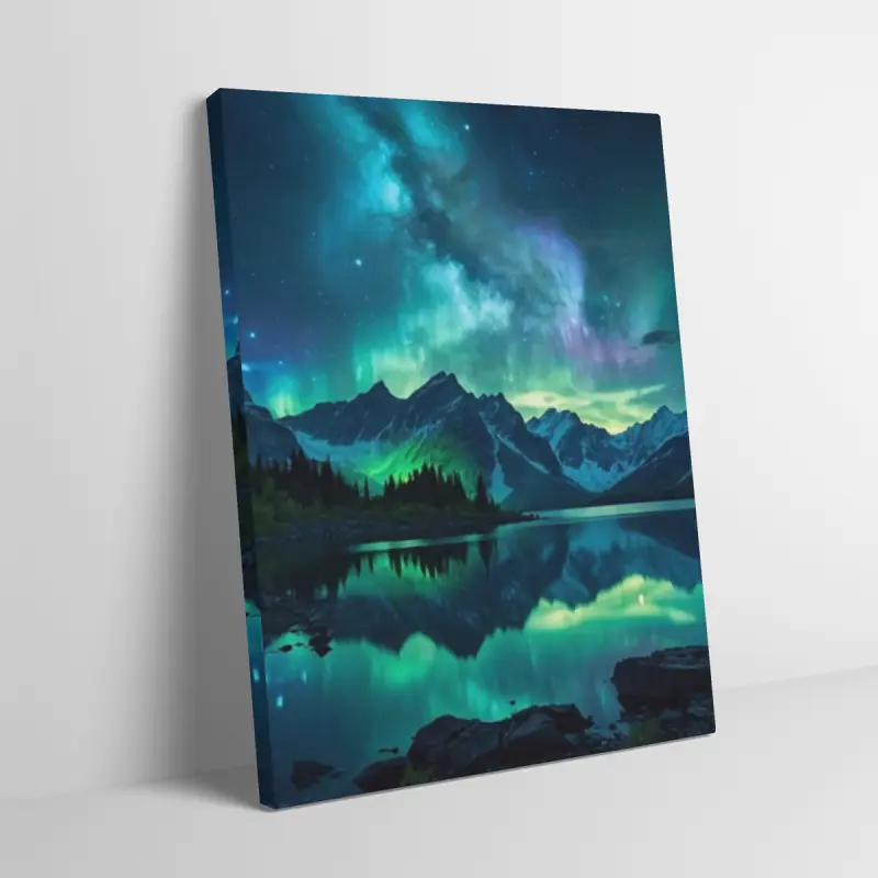 Northern Lights Aurora Borealis Mountain Lake Landscape Black Flash Style Wall Art Canvas Painting Mid-century Modern Aesthetic Home Decor Wall Decoration Nature Scenery Night Sky Galaxy Print Poster For Living Room Bedroom