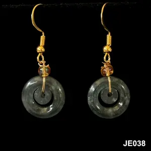 Natural Green Jade Jadeite Earrings Drop Dangle Gold-tone
