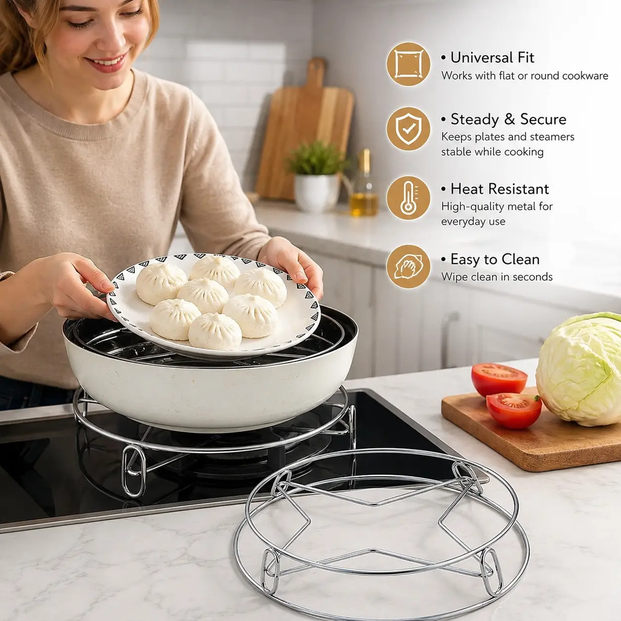 1 Count Stainless Steel Steamer Rack, Round Kitchen Cooking Stand for Steaming Food, Holding Hot Pot or Plate, Suitable for Flat and Round Bottom Pots
