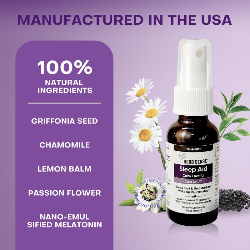 Herb Sense Melatonin Sleep Aid - 1 fl oz Oral Spray with 5-HTP & 50% Herbal Blend, Mucosal Absorption, 60 Servings, Vegan, Gluten & Sugar Free, Designed for Sensitive Stomach, Drug-Free Solution for Calm Sleep