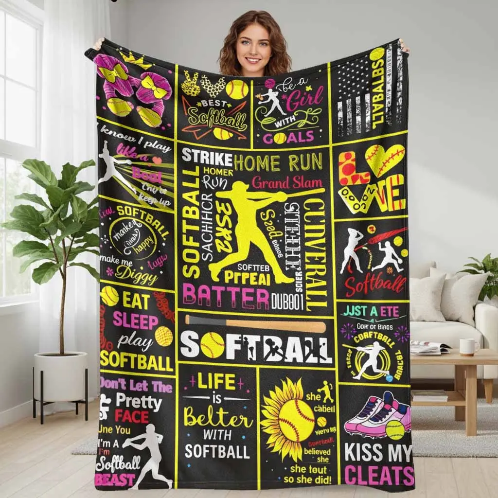Softball Themed Polyester Flannel Weave Throw Blanket, Multi-Size, Colorful Sports Quotes & Player Silhouette Modern Print, Breathable, Heat-Retentive, Machine Washable, Cozy Lightweight for Couch/Bedroom Naps, Travel Gift Decor summerwins