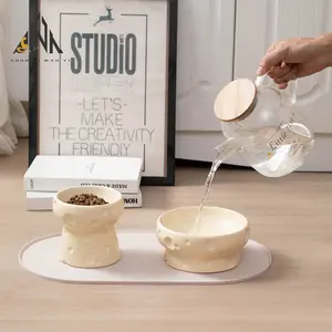 Ceramic Cat & Dog Pet Bowl, High Footed Food Water Bowl, Flat Mouth Design, Protects Cervical Spine, Prevents Tip Over, Large Caliber