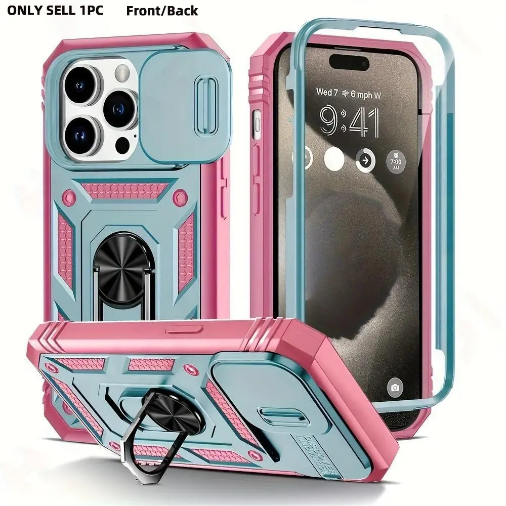 For iPhone 17/16/15/14/13/12/11 Pro Max, Fully Shockproof Protective Armor Phone Case, 360° Rotating Metal Magnetic Ring Stand, Sliding Lens Cover, Protective Cellphone Casing, Cellphone Accessories
