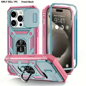 for iPhone 17 16 15 14 13 12 11 Pro Max 14 15 16Plus Shockproof Armor 360° Rotating Metal Ring Stand Phone Case with Sliding Lens Cover Protection