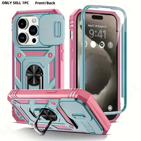 For iPhone 17/16/15/14/13/12/11 Pro Max, Fully Shockproof Protective Armor Phone Case, 360° Rotating Metal Magnetic Ring Stand, Sliding Lens Cover, Protective Cellphone Casing, Cellphone Accessories