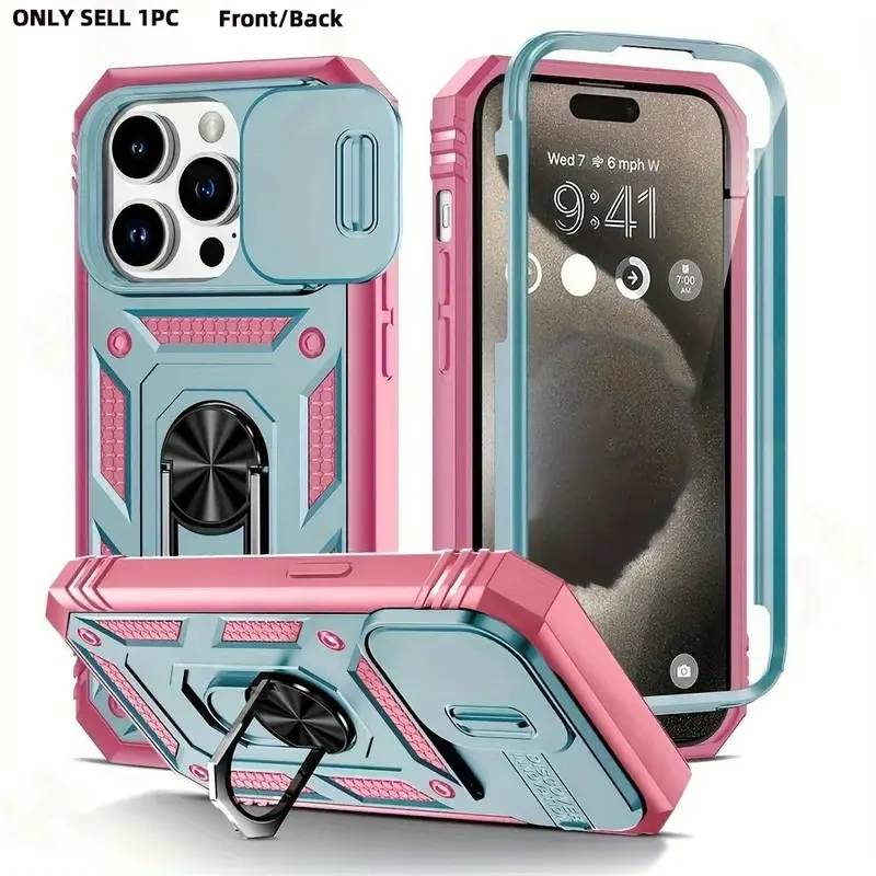 For iPhone 17/16/15/14/13/12/11 Pro Max, Fully Shockproof Protective Armor Phone Case, 360° Rotating Metal Magnetic Ring Stand, Sliding Lens Cover, Protective Cellphone Casing, Cellphone Accessories